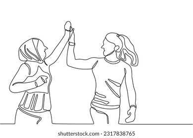 Continuous One line drawing of two happy women jogging running together showing their friendship isolated on white background.