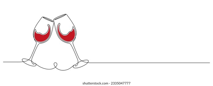 Dibujo continuo de una línea de dos vasos de vino tinto. Tostadas y vítores con salpicaduras de estilo lineal simple. Menú de bebidas alcohólicas y cócteles en un trazo editable. Ilustración vectorial de contorno de Doodle
