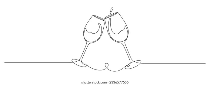 Continuous one line drawing of two glasses of red wine. Toast and cheers with splash in simple linear style. Alcohol and cocktail drink menu in editable stroke. Doodle vector illustration