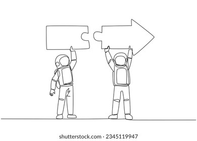 Continuous one line drawing two astronauts doing teamwork to carrying directional arrow puzzle. Metaphor equate ideas. Deep space astronaut concept. Cosmic. Single line draw design vector illustration