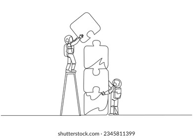 Continuous one line drawing two astronauts putting together a puzzle. One of the two climbs up the ladder to stack the puzzle by four. Great space teamwork. Single line draw design vector illustration