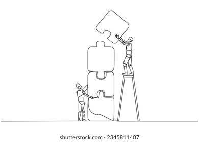 Continuous one line drawing two robots putting together a puzzle. One of the two climbs up the ladder to make a puzzle arrangement of four. Teamwork robots. Single line draw design vector illustration