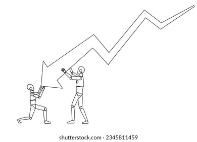 Continuous one line drawing two robots holding large arrow charts swooping down. One of the robots holding the end. Team work so the arrow can go back up. Single line draw design vector illustration