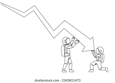 Continuous one line drawing two astronauts holding large arrow charts swooping down. One of them holding the end. Team work so the arrow can go back up. Single line draw design vector illustration