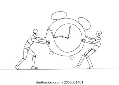 Continuous one line drawing two emotional robot fighting over the big alarm clock. The concept of fighting for rare items for prestige. Conflict. Attack. Single line draw design vector illustration