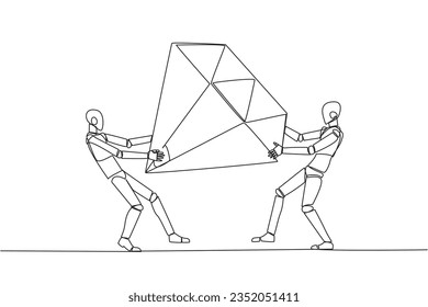 Continuous one line drawing two selfish robot fighting over the big diamond. Fight over diamond mines that make profit boost for robotic. Conflict. AI tech. Single line draw design vector illustration
