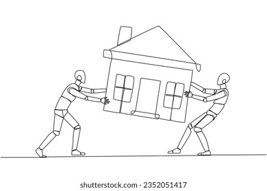 Continuous one line drawing two emotional robot fighting over miniature house. The concept of fighting for luxurious house that they really want. AI tech. Single line draw design vector illustration