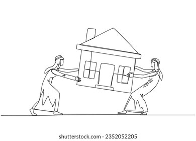 Continuous one line drawing two emotional Arabian businessman fighting over miniature house. Concept of fighting for luxurious house that they really want. Single line draw design vector illustration