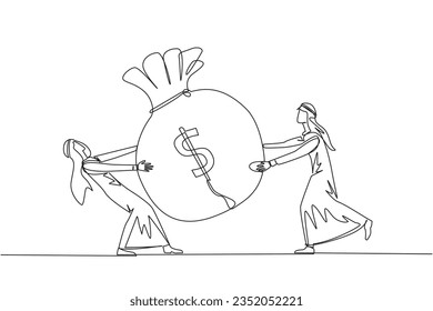 Continuous one line drawing two Arabian businessman fighting over money bag. Fighting for additional capital after several shares were released to public. Single line draw design vector illustration