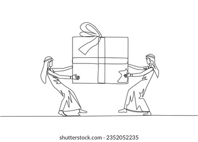Continuous one line drawing two professional Arabian businessman fighting over gift box. Entrepreneurs against environmental pollution fight for main prize. Single line draw design vector illustration