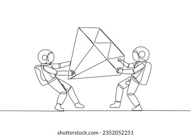 Continuous one line drawing two selfish astronaut fighting over the big diamond. Fight over diamond mines that make profit boost for cosmonaut. Conflict. Single line draw design vector illustration