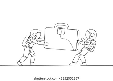 Continuous one line drawing two aggressive astronaut fighting over the briefcase. Fight over the client data contained in the bag. Astronaut attack. Cosmic. Single line draw design vector illustration