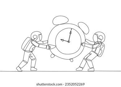 Continuous one line drawing two emotional astronaut fighting over the big alarm clock. The concept of fighting for rare items for prestige. Conflict. Space. Single line draw design vector illustration