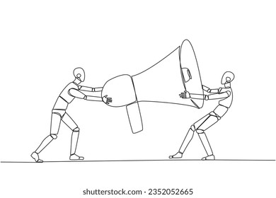 Continuous one line drawing two emotional robot fighting over megaphone. Scramble to announce vacancies and look for reliable employees. Conflict. Attack. Single line draw design vector illustration