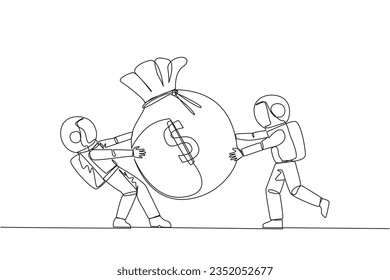 Continuous one line drawing two astronaut fighting over the big money bag. Fighting for additional capital after several shares were released to the public. Single line draw design vector illustration