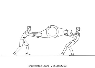Continuous one line drawing two emotional businessman fighting over boxing belt. Fight for to be the greatest and strongest businessman. Businessman battle. Single line draw design vector illustration