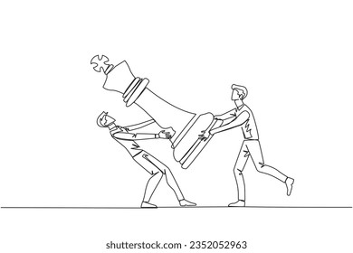 Continuous one line drawing two angry businessman fight over the big king chess pieces. The metaphor of scrambling to save a business by helping investors. Single line draw design vector illustration
