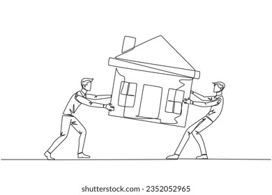 Continuous one line drawing two emotional businessman fighting over miniature house. The concept of fighting for luxurious house that they really want. Single line draw design vector illustration