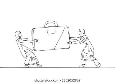 Continuous one line drawing two aggressive Arabian businesswoman fighting over briefcase. Fight over the client data contained in the bag. Businesswoman attack. Single line draw vector illustration