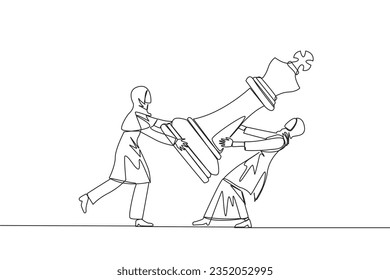 Continuous one line drawing two Arabian businesswoman fight over big king chess pieces. The metaphor of scrambling to save a business by helping investors. Single line draw design vector illustration