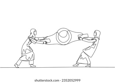 Continuous one line drawing two Arabian businesswoman fighting over boxing belt. Fight for to be greatest and strongest businesswoman. Businesswoman battle. Single line draw design vector illustration