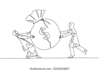 Continuous one line drawing two Arabian businesswoman fighting over money bag. Fighting for additional capital after several shares were released to public. Single line draw design vector illustration