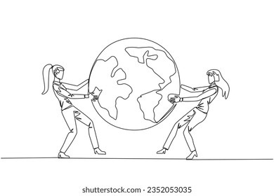 Continuous one line drawing two strong businesswoman fighting over the globe. Fighting over the area that will be the target of sales expansion. Aggressive. Single line draw design vector illustration