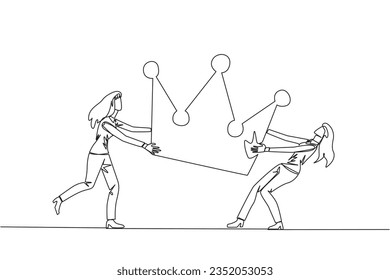 Continuous one line drawing two emotional businesswoman fighting over crown. Fighting for become the most successful and respected businesswoman. Conflict. Single line draw design vector illustration
