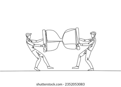 Continuous one line drawing two angry businessman fighting over the hourglass. Ask each other for additional time to send the company profile. Aggressive. Single line draw design vector illustration