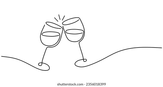 Continuous one line drawing of two glasses of red wine. Minimalist linear concept of celebrate and cheering. Editable stroke Vector illustration