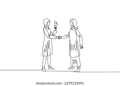 Continuous one line drawing two Arabian businesswomen shaking hands. One of them has two faces. Full of falsehood. Fake friend. Worst teamwork. Betrayal. Single line draw design vector illustration