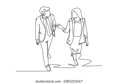 Continuous one line drawing of two business colleagues discussing about plan doing project together while walking. Business collaboration concept. Single line draw design vector graphic illustration