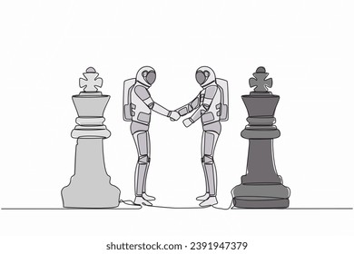 Continuous one line drawing of two astronaut shaking hands together while standing between of king chess pieces. Agreement or partnership. Cosmonaut outer space. Single line design vector illustration