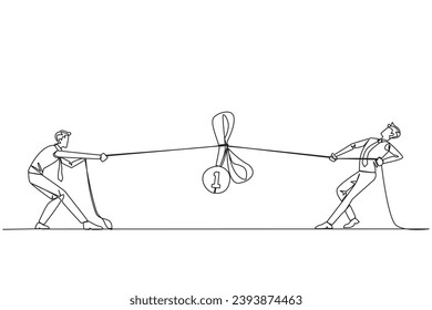 Continuous one line drawing two businessmen fighting for a medal award. Must be number one in any business field. Get competition from anyone. Struggle. Single line draw design vector illustration