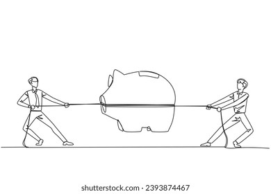 Una línea contínua que dibuja a dos hombres de negocios peleando sobre un banco de cerdos. Competencia por la inversión. Tratando de tener una buena vida en la jubilación. La vejez decente. Ilustración vectorial de diseño de líneas simples