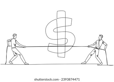 Continuous one line drawing two businessmen fighting over dollar symbol. Balancing expenditure with income. Don't be careless in spending money in business. Single line draw design vector illustration