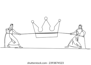 Continuous one line drawing two Arabian businessmen fight for the crown. Compete for the throne to facilitate the smooth running of business. Authority. Single line draw design vector illustration