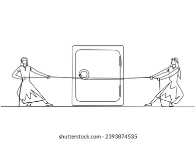 Continuous one line drawing two Arabian businessmen fighting over a safe deposit box. Fighting over the safest place to store company secrets. Confidential. Single line draw design vector illustration