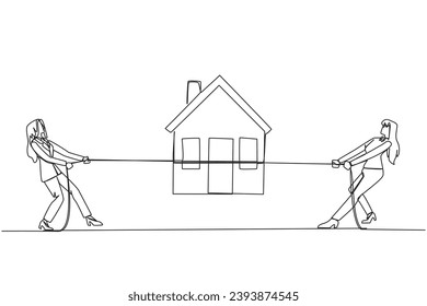 Continuous one line drawing two businesswomen fight over miniature house. Compete to get decent life in retirement. The most comfortable place. Investment. Single line draw design vector illustration