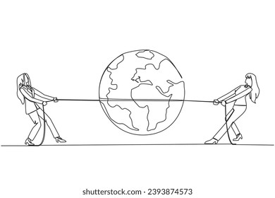 Continuous one line drawing two businesswomen fighting over globe. Fighting over strategic locations. The fighting to open new business branch. Profitable. Single line draw design vector illustration