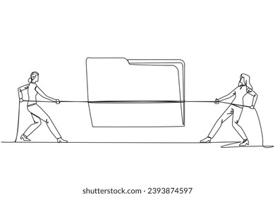 Continuous one line drawing two businesswomen fighting over document folder.Competition for the best potential clients. Vigorous efforts for company profit. Single line draw design vector illustration