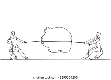 Continuous one line drawing two Arabian businesswomen fighting over a piggy bank. Fight for additional incentives. Useful in retirement. Old age savings. Single line draw design vector illustration