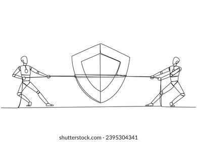 Continuous one line drawing two robots fighting over shield. Competition trains the level of awareness of intruders. Able to protect with intelligence. Single line draw design vector illustration
