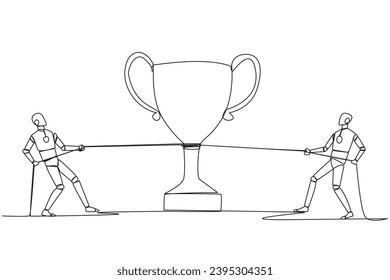 Continuous one line drawing two robots fighting for a trophy. Artificial intelligence makes competition increasingly fierce. Future technology development. Single line draw design vector illustration