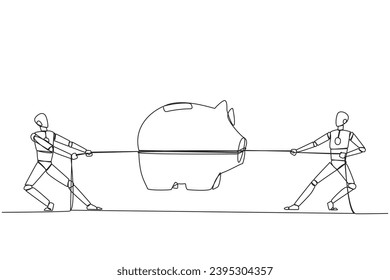 Una línea contínua dibujando dos robots peleando sobre un banco de cerdos. La competencia es feroz para poder llevar a cabo inteligencia artificial avanzada. Futuro. Ilustración vectorial de diseño de líneas simples