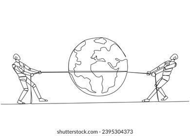 Continuous one line drawing two robots fighting over globe. Fight like a cowboy. Competition to explore the digital world through AI. Future technology. Single line draw design vector illustration