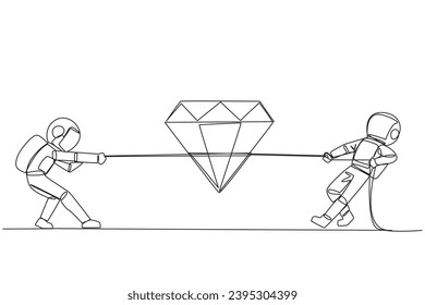 Continuous one line drawing two astronauts fighting over diamond. Fight for the expedition's most valuable asset. Failed to land on the moon. Lack of funds. Single line draw design vector illustration