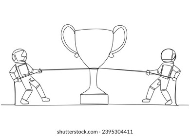 Continuous one line drawing two astronauts fighting for a trophy. Fierce battle to be the first to complete the expedition mission. Heading back to earth. Single line draw design vector illustration