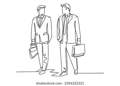 Continuous one line drawing two young success male company manager take a walk and talk together after office hour. Business conversation concept. Single line draw design vector graphic illustration