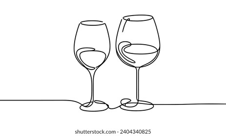 Continuous one line drawing of two glasses of red wine. Minimalist linear concept of celebrate and cheering. Editable stroke Vector illustration